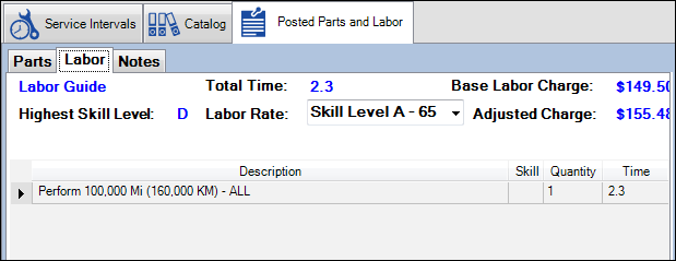 The Posted parts and Labor tab with the Labor tab showing the service as a labor line.