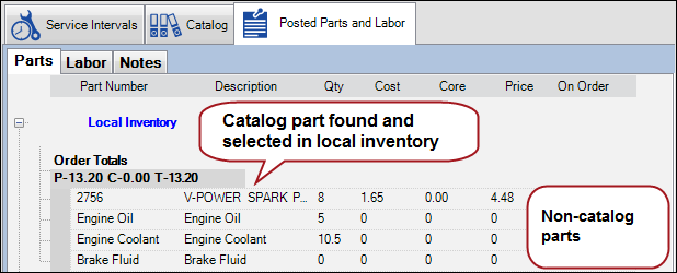 The local inventory section of the Parts tab showing both catalog and non-catalog parts.