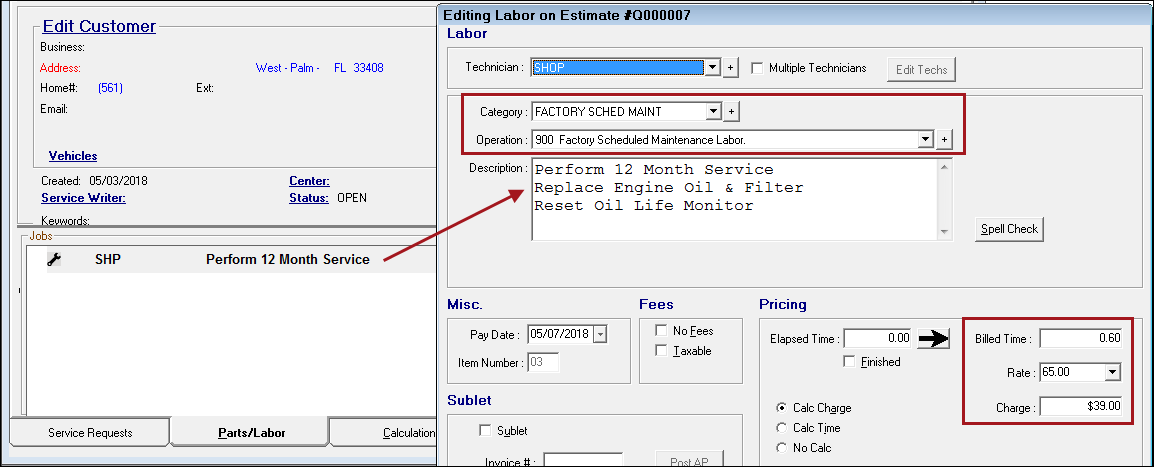 The Editing Labor window of the posted labor displaying the default category and operation and sub-labor lines in the Description box.