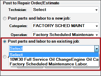 the Post parts and labor to the an existing job option selected and its dropdown list showing the jobs already posted to the open ticket.
