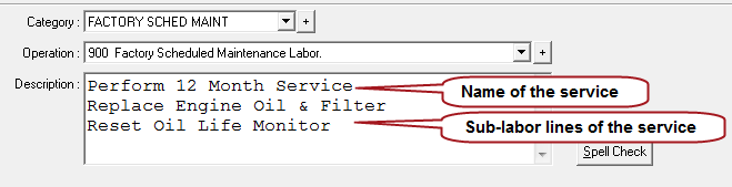 The Description box of the posted labor showing the name of the service and the sub-labor lines of the service.