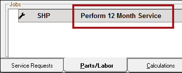 The Jobs section of the Parts/Labor tab showing the service name when Replace Predefined Description is selected.