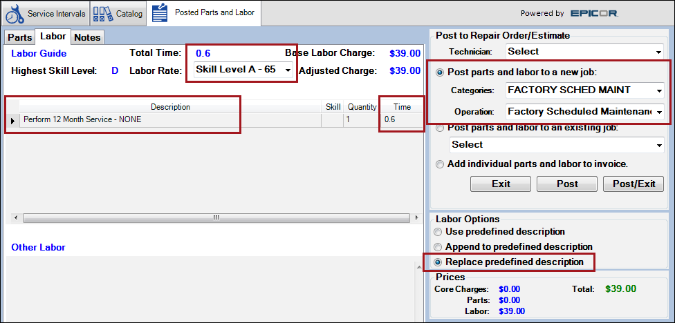 The Labor tab showing the labor and time from the service, the default labor selected, and the Replace predefined description option selected.