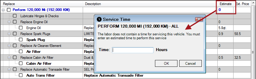 A zero in the Estimate column pointing to the Service Time window that pops up attempting to post.