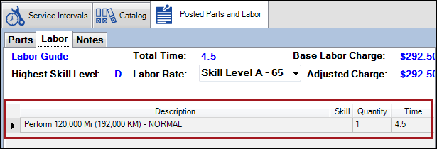 The Labor tab showing the top level labor line of the service as the transferred labor.