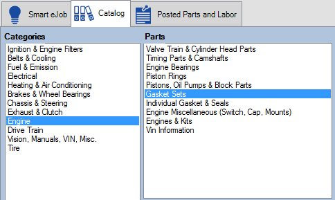 The Categories and Parts columns for category searches.