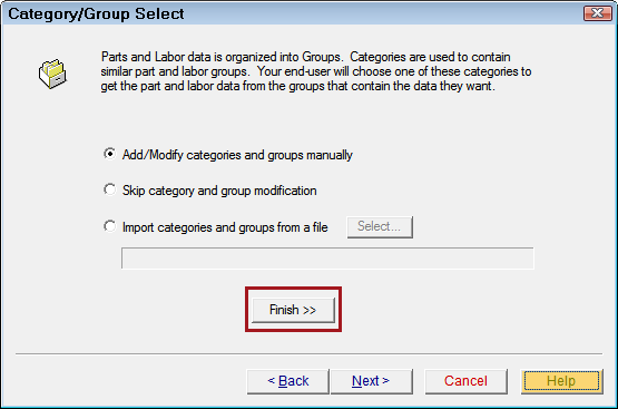 The Category/Group Select window.