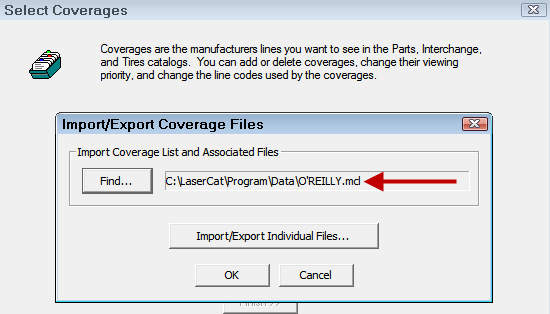 the Import/Export Coverages popup window with an MCL file selected.