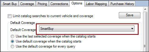 The Options tab with Smart Buy selected as the Default Coverage.