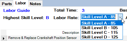 The labor rate dropdown list at the top of the Labor tab.