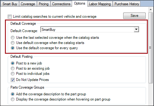 The Options tab in Smart eCat Configuration with the Default Coverage settings circled.