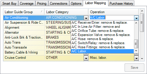 The Labor Mapping tab with the Operation dropdown list expanded for one labor line.