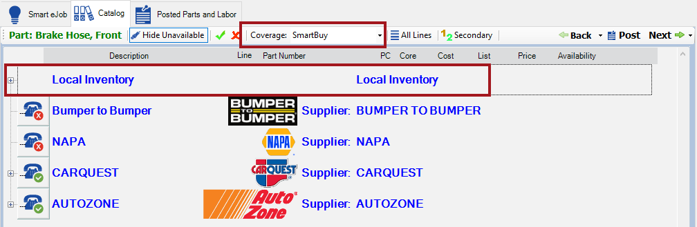 Search results with smart buy selected as the coverage and local inventory at the top.