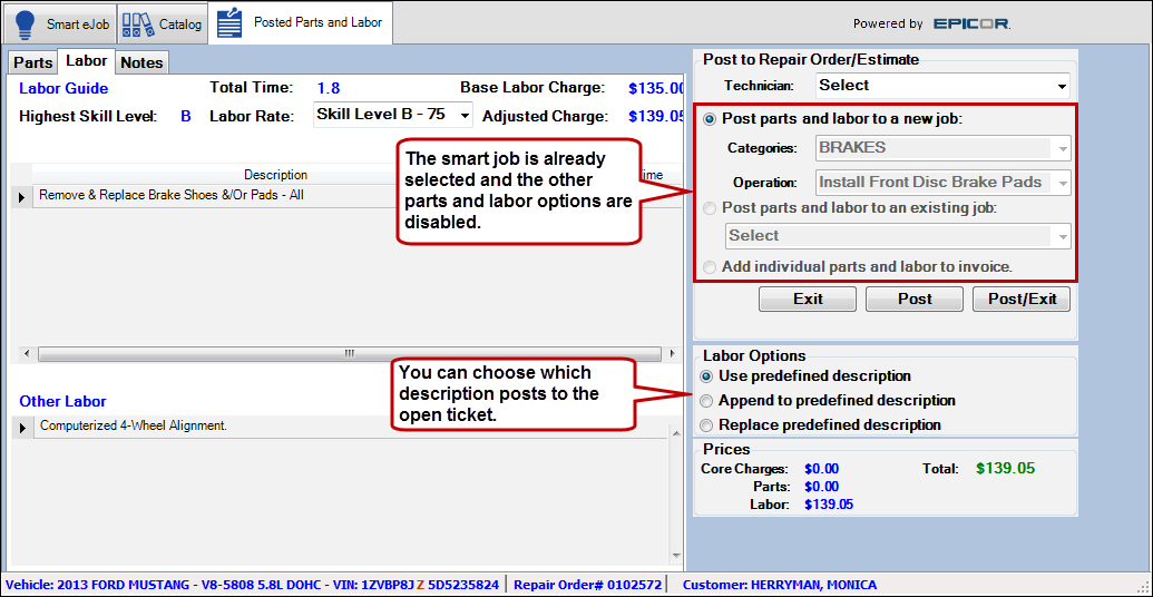 The Posted Parts and Labor tab showing the smart job already selected as the job and the labor options you can select.