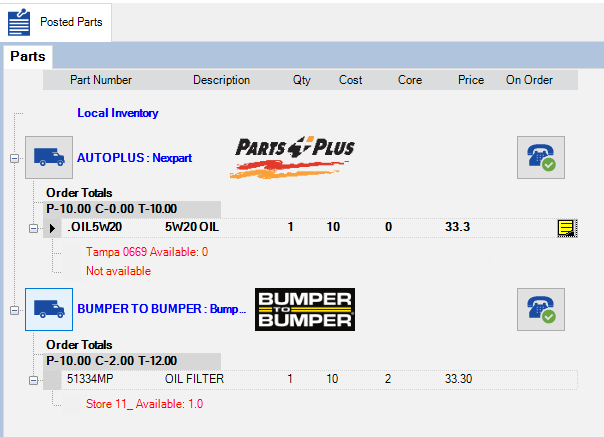 The Post Parts tab showing ordering from multiple suppliers.
