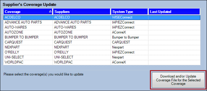 The supplier coverage list opened from the Update Coverages toolbar button. 