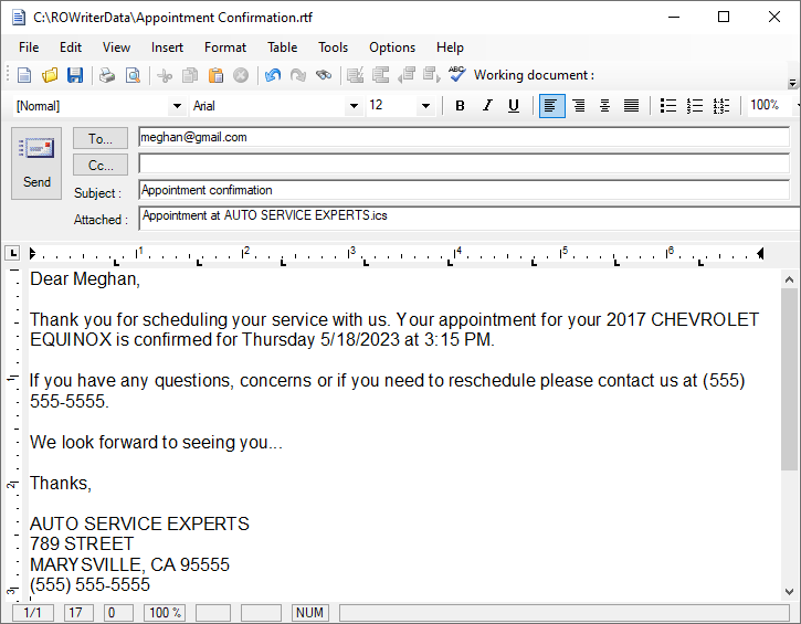 The Appointment Confirmation Email window.