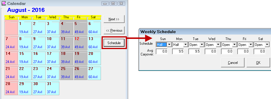 The schedule button circled and pointing to the Weekly Schedule window.