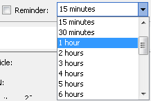 The Reminder dropdown list expanded to show the reminder options.