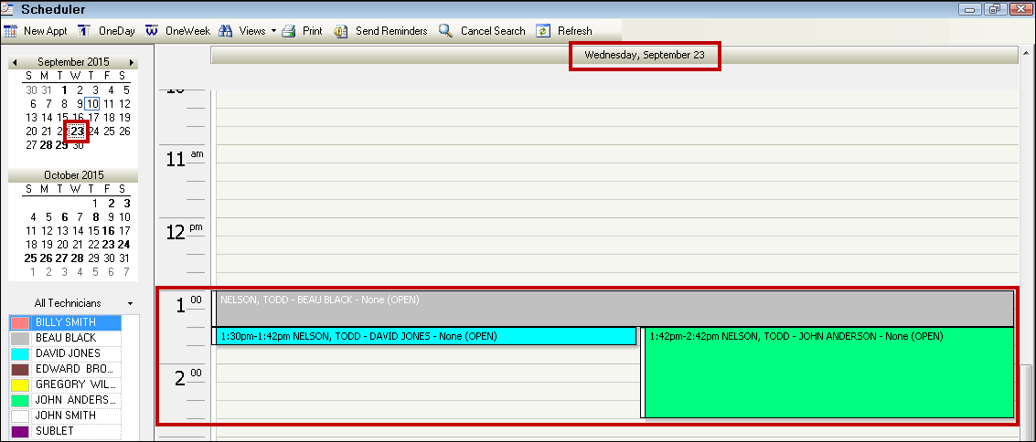 The scheduler window showing two appointments created from the open ticket.