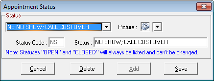 The Appointment Status window showing the existing statuses