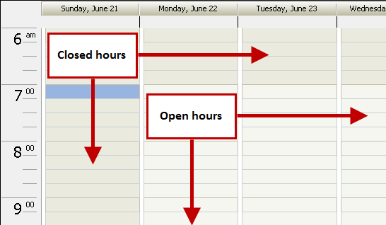 The weekly scheduler view showing the closed hours in darker gray and the open hours in lighter gray.