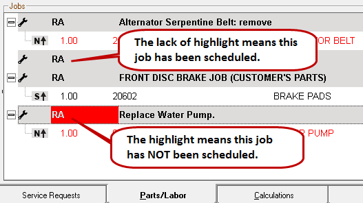 Highlighted and unhighlighted labor lines in the Jobs section of the Parts/Labor tab.