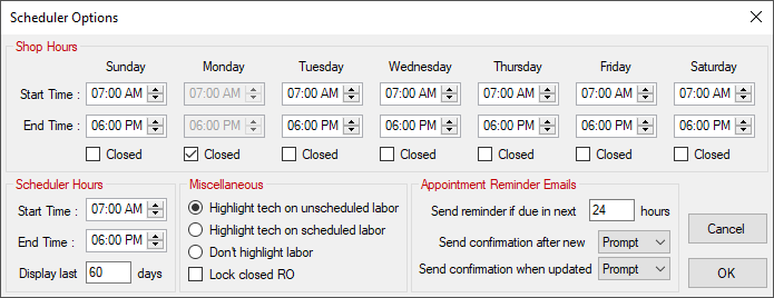 The Schedule Options window.