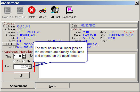The new appointment window with the information from the estimate and the total hours of all labor already calculated.