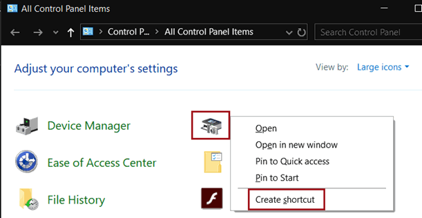 Creating a shortcut to the Devices and Printers setting in the Windows Control Panel