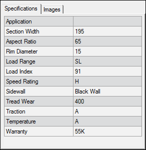 The tire specations tab showing tire specifications.