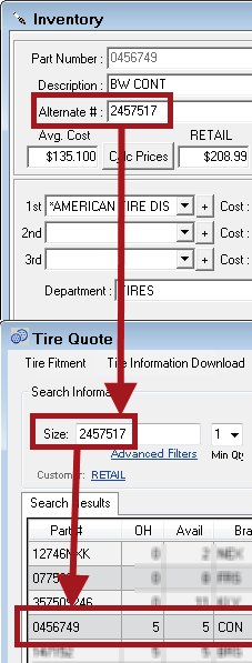 The alternate number searched as a tire size in Tire Quote.