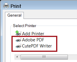 The window print preferences window with the Adobe print options circled.