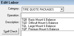The Edit Labor window showing a category for tire quote packages.