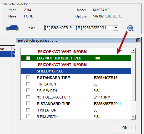 The Tire Vehicle specifications from Epicor showing both front and rear tires.