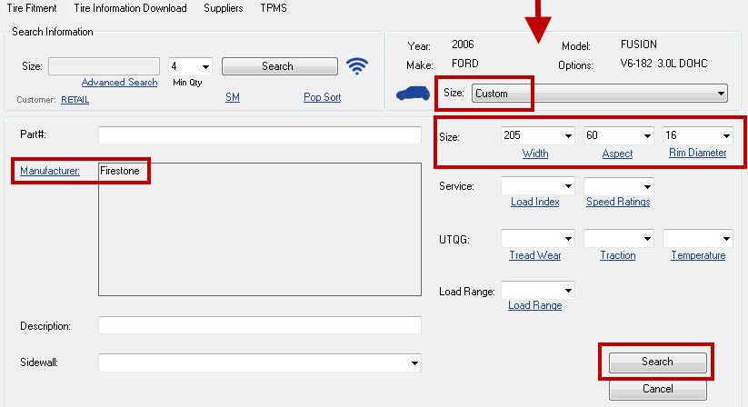The advanced search window with criteria selected and Custom in the Size dropdown list in the vehicle section.