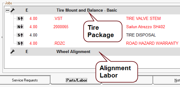 The tire package and alignment labor posted in the jobs section of the parts/labor tab.