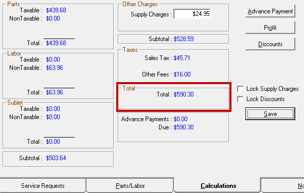 the Total on the Calculations tab matching the package price in Tire Quote. 