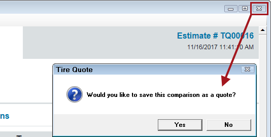 The x button in the title bar pointing to the prompt asking if you want to save the comparison to a quote.