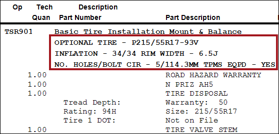The tire fitment information circled on a printed invoice.