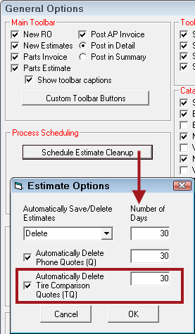 The Schedule Estimate Cleanup button pointing to the phone quote and tire comparison quote options.