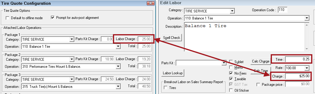 The same labor charge on both the tire quote options and edit labor windows.