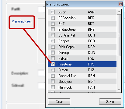 The list of manufacturers opened from the manufacturer link.