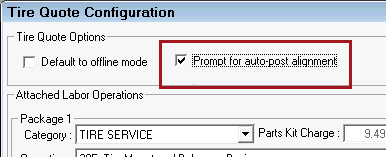 The Tire Quote window with the prompt for autopost alignment option selected and the alignment section active.
