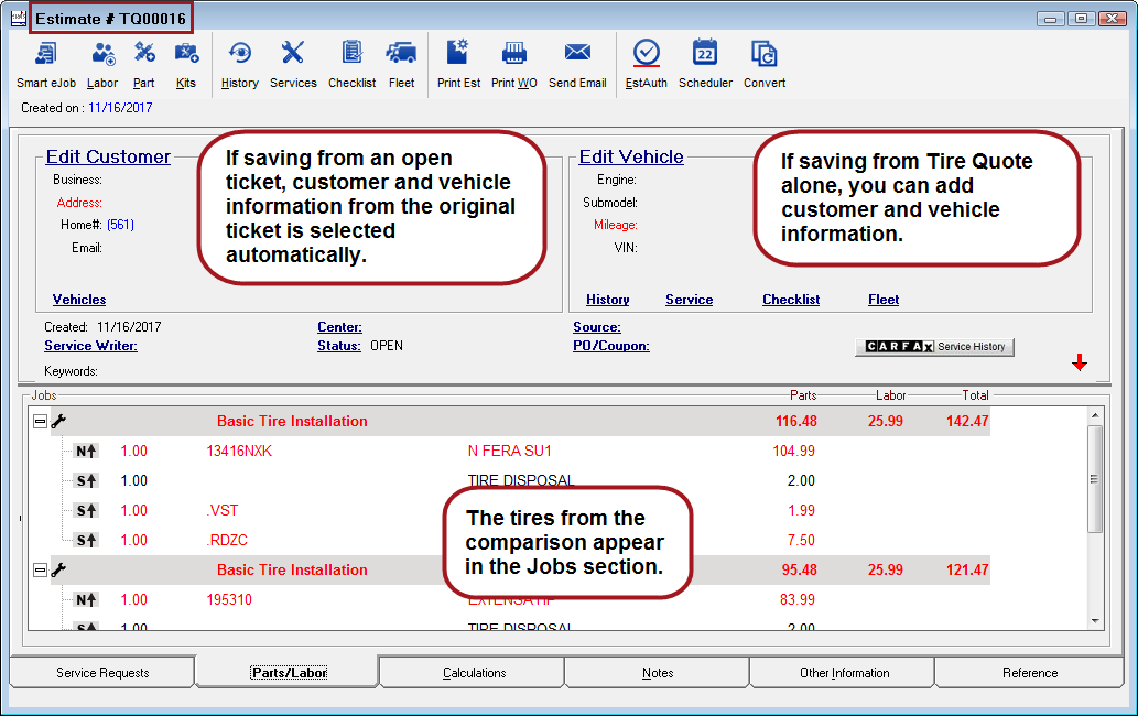 The tire packages from the tire comparison posted to a blank quote. You can add the customer and vehicle information.