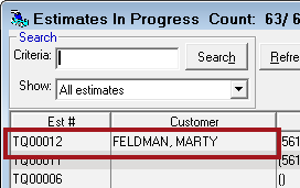 The tire comparison quote ID on circled on the estimates in progress window. 