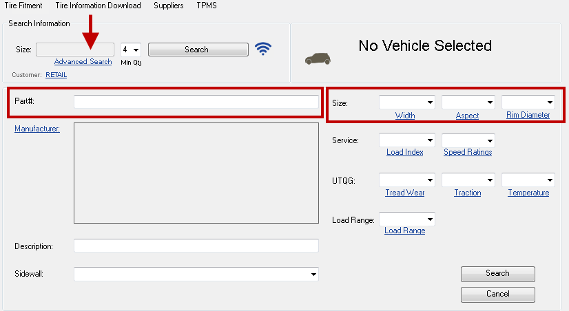 The Advanced Search window with the part number and size fields circled.