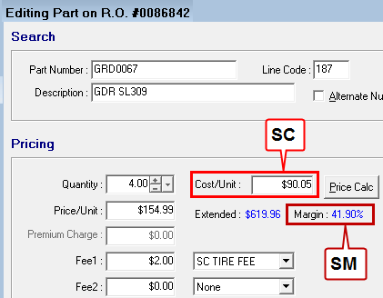 the SC in the Cost/Unit field and SM in the Margin field on the Editing Parts window.