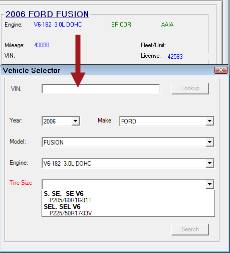 The vehicle search window with the Size dropdown list expanded to show the available tire sizes.