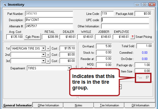 The Tire box checked on the part record of a part in the tire group.
